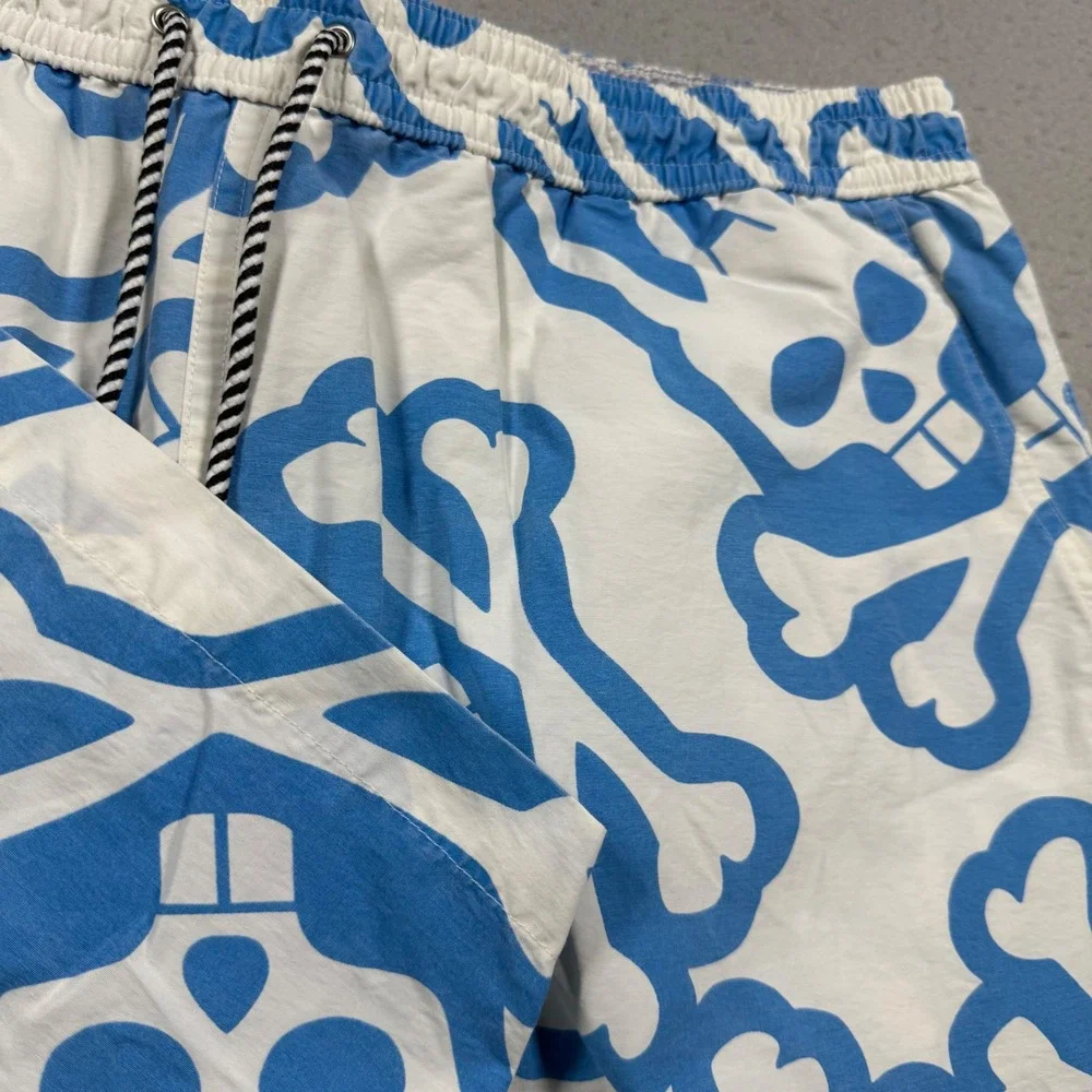 Psycho Bunny Mens Swim Trunks Blue White Skull Bunny Graphic Shorts Large